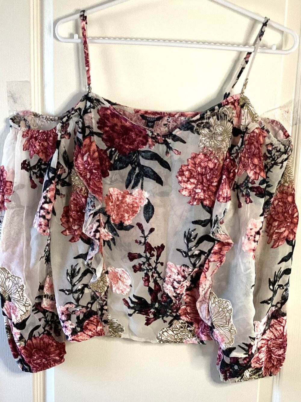 Guess Women's Cold Shoulder Top Sheer Floral Blouse Size L